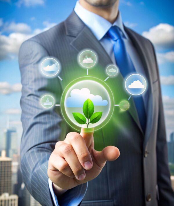 Businessman touching icon of CO2 depicting the issue and reduce CO2 emissions carbon on business working