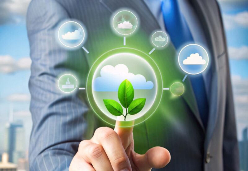 Businessman touching icon of CO2 depicting the issue and reduce CO2 emissions carbon on business working